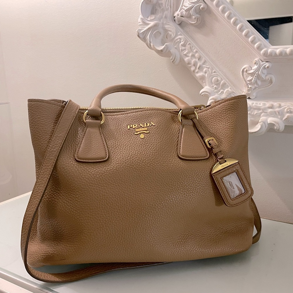 Prada Camel Vitello Daino Leather Tote with Gold Hardware
